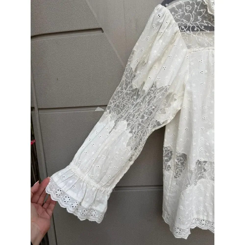 Anthropologie Ivory Mixed Lace Blouse Eyelet Sz MP Cottagecore Romantic Feminine